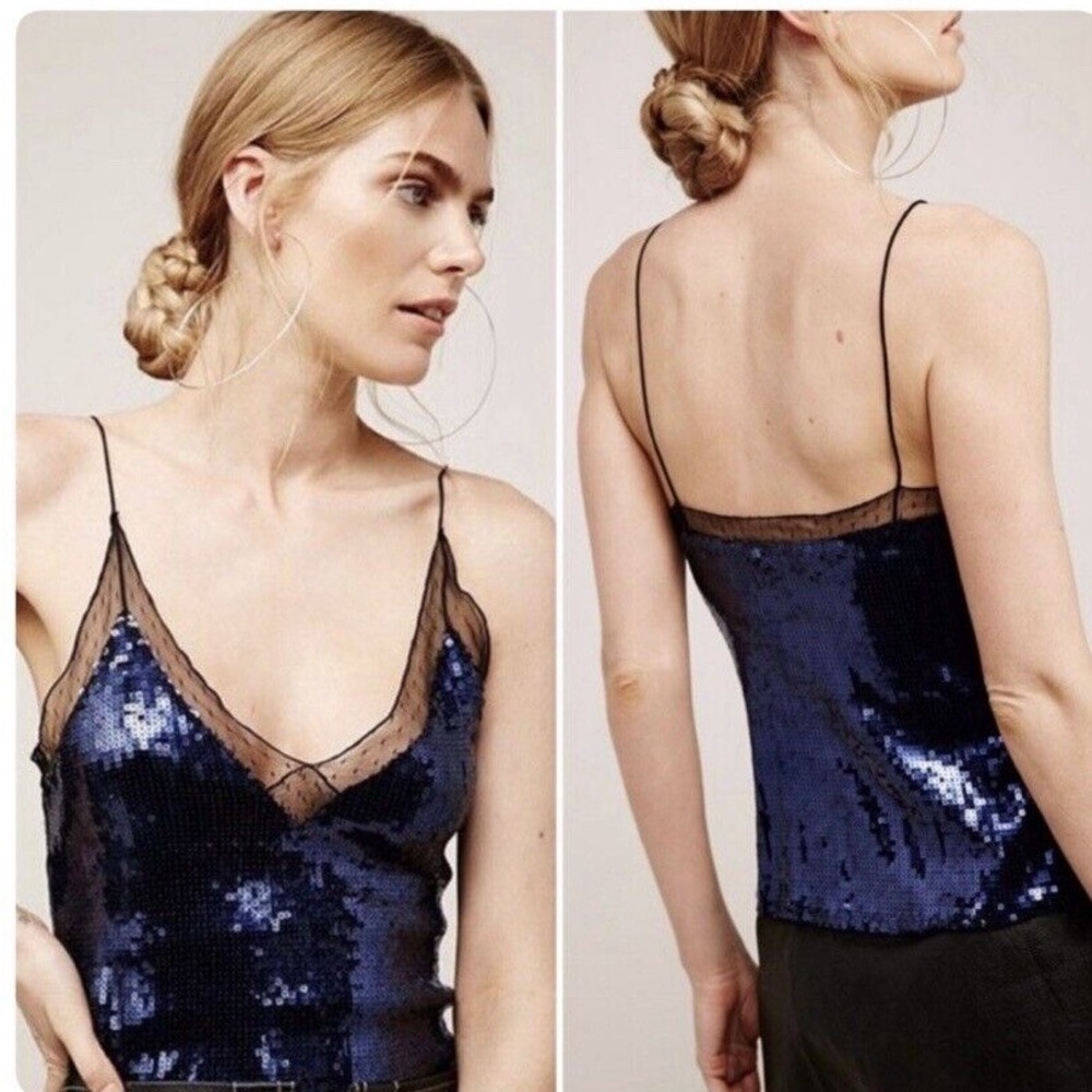 Free People Blue Sequin V-Neck Camisole Top